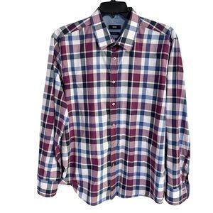 BOSS Hugo Boss Lucas Burgundy Blue Plaid Long Sleeve Button Up Dress Shirt XXL